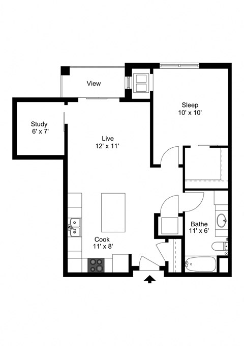 Floor plan for 1 bed, 1 bath, 862 sqft